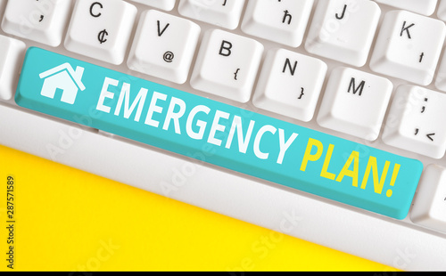 Text sign showing Emergency Plan. Business photo showcasing actions developed to mitigate damage of potential events White pc keyboard with empty note paper above white background key copy space