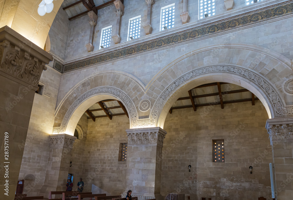 The interior of the central hall of the catholic Christian Transfiguration Church located on Mount Tavor near Nazareth in Israel