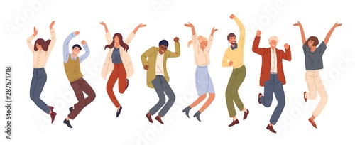 Happy jumping office workers flat vector illustration. Cheerful corporate employees cartoon characters set. Young male and female students in casual clothes isolated clipart. Diverse group of people.
