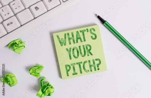 Conceptual hand writing showing What S Is Your Pitch question. Concept meaning asking about property of sound or music tone Green note paper with pencil on white background and pc keyboard