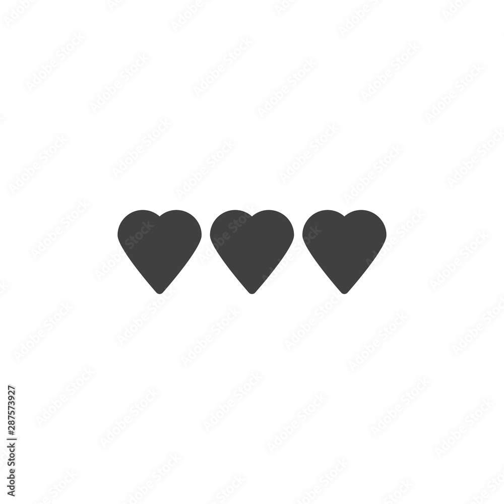 Three life, gaming hearts vector icon. filled flat sign for mobile concept and web design. 3 game hearts hearts glyph icon. Love symbol, logo illustration. Vector graphics