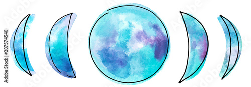 Phases of the moon, vector and watercolor drawing in teal blue