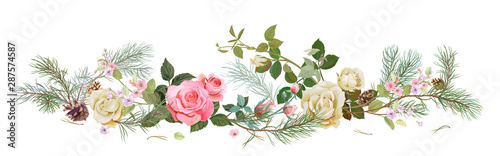 Panoramic view with white, pink roses, spring blossom, pine branches, cones. Horizontal border for Christmas: flowers, buds, leaves on white background, digital draw, watercolor style, vector © analgin12
