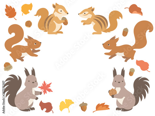 リスと秋の紅葉とどんぐりのイラストセット