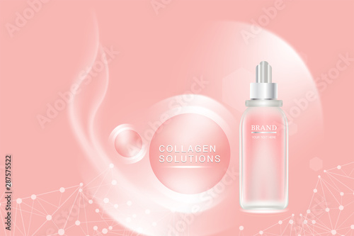Beauty product ad design, pink cosmetic container with collagen solution advertising background ready to use, luxury skin care banner, illustration vector.