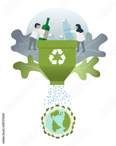 People Characters are throw plastic bottle&Glass Bottle in Green Recycle bin.Then Recycle bin crushing plastic bottle to be plastic flake.Recycle&Protect the Environment concept