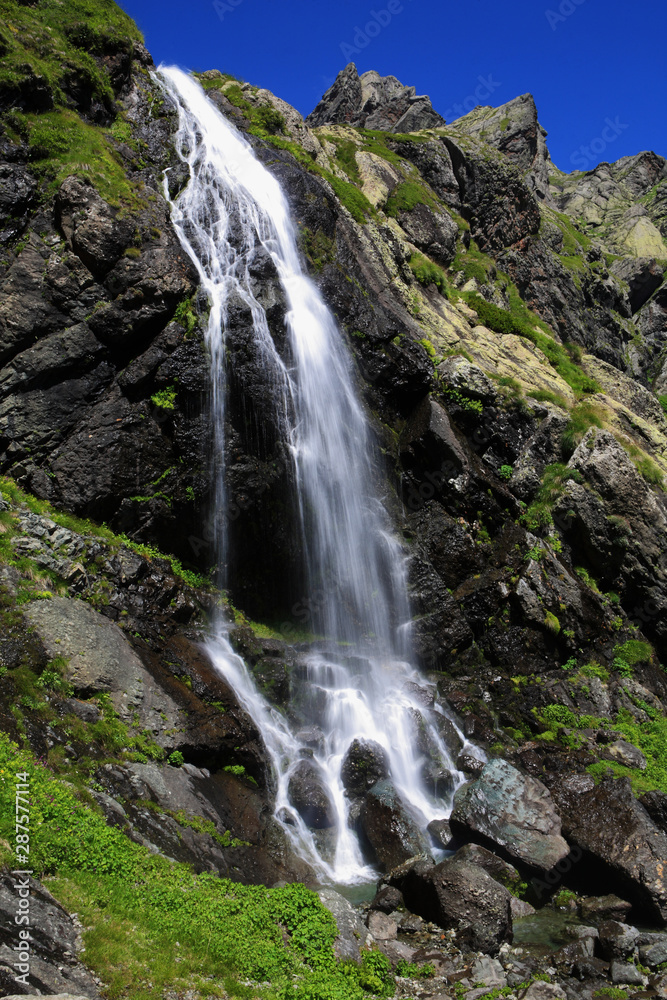 Waterfall near Lake Okhodje (2543 m). The Caucasus Waterfall near Lake Okhodje (2543 m). The Caucasus