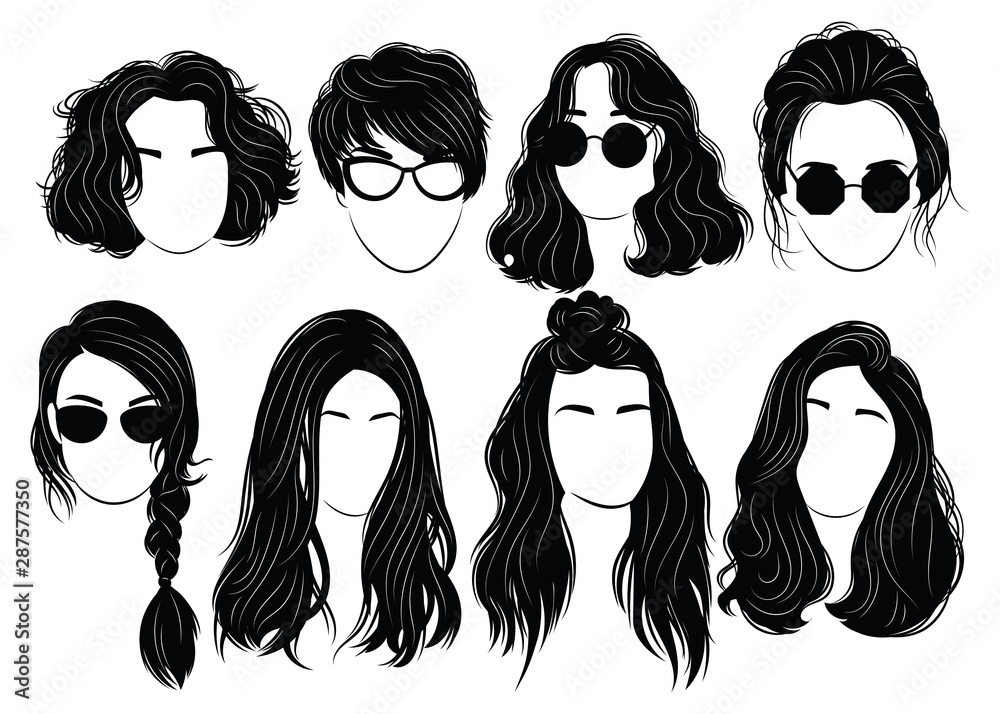 Set of hairstyles for women. Collection of black silhouettes of hairstyles  for girls. Woman portrates . Stock Vector | Adobe Stock