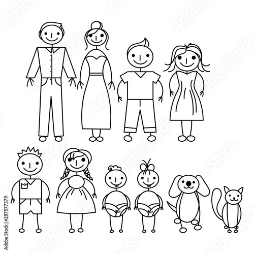 Set of happy cartoon doodle figure family, stick man. Stickman Illustration Featuring a Mother and Father and Kids. Vector Illustration, set of family in stick figures. Hand Drawn.