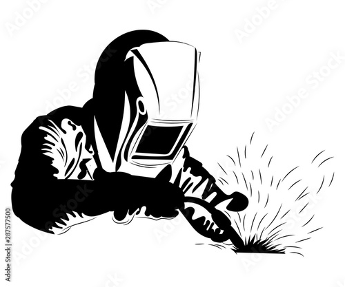 Welder welds metal. Black and white illustration of a welder in work clothes. Linear art. Silhouette of a welder. Vector logo.