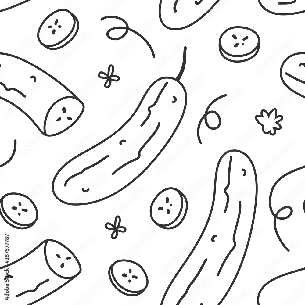 Seamless vector pattern with hand drawn cucumber vegetables. Endless repeat background of handdrawn veggies with slices. linear black and white contour naive style. good for fabric or wrapping paper. Seamless vector pattern with hand drawn cucumber vegetables. Endless repeat background of handdrawn veggies with slices. linear black and white contour naive style. good for fabric or wrapping paper.