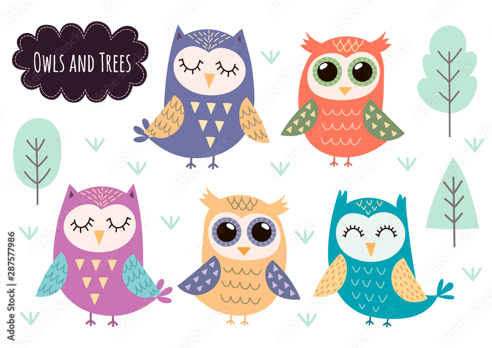 Cute owls collection. Forest animals isolated elements