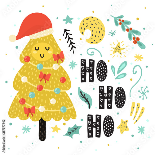 Ho Ho Ho card with a cute Christmas tree in Santa hat