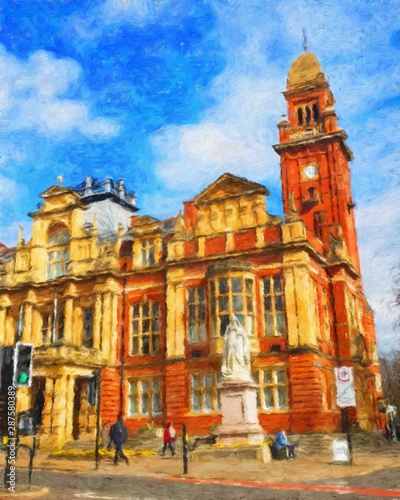 Digital realistic oil painting art scene of european building and architecture. Historical famouse touristic city place view. Impressionism large size canvas or paper print  postcard and stationery.