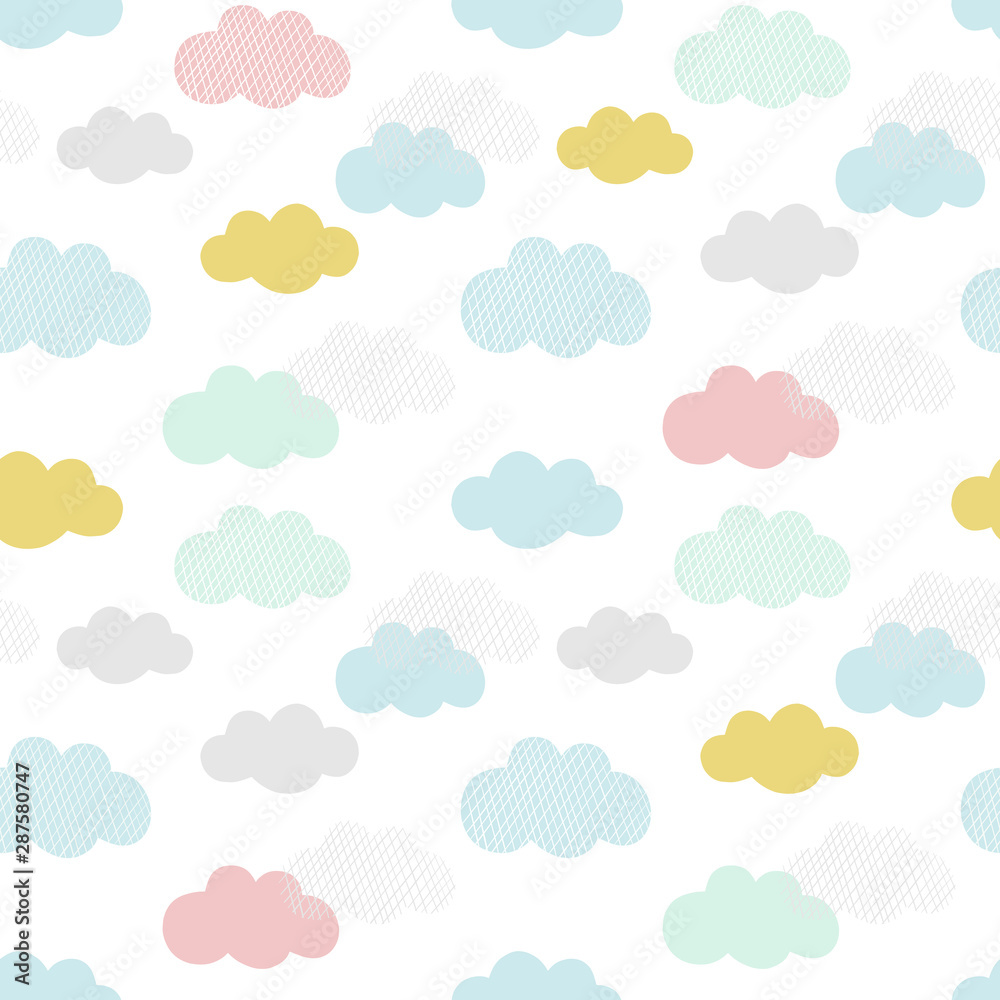 Vector clouds pattern. Hand drawn seamless background with colorful clouds. Scandinavian style print for babies and kids.