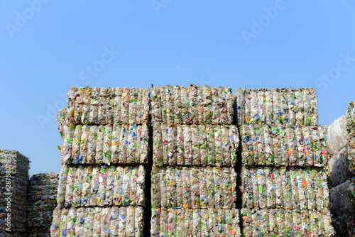 Plastic bottles,compressed into bales and ready for recycling