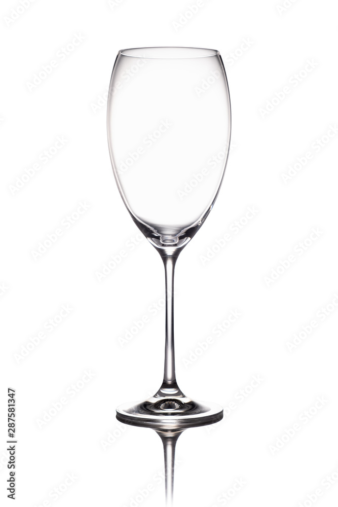 Empty wine glass goblets stands on a mirror surface. isolated on white background