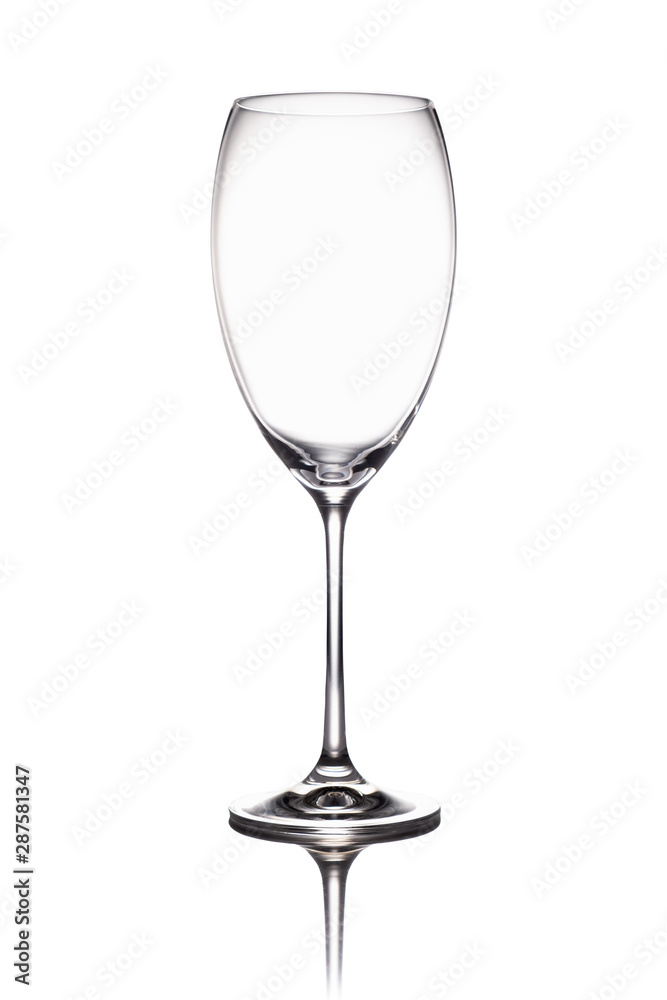 Empty wine glass goblets stands on a mirror surface. isolated on white background Empty wine glass goblets stands on a mirror surface. isolated on white background