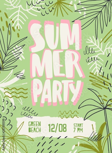 Summer party vector poster template. Beach festival invitation decorated with palm trees and tropical leaves. Music fest promotion with scratches. Outdoor disco, dance party, concert placard design.