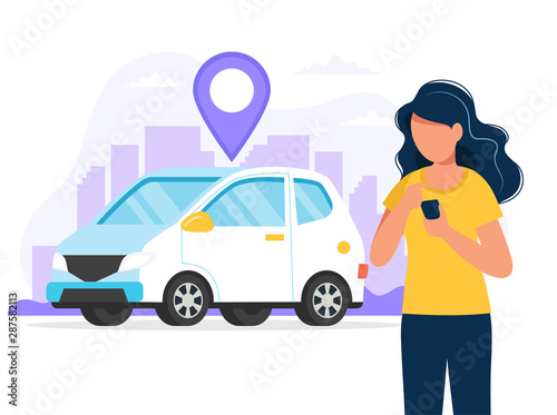 Carsharing concept. Woman with smartphone with an app to find a car location. Car rental service via mobile app. Vector illustration in flat style