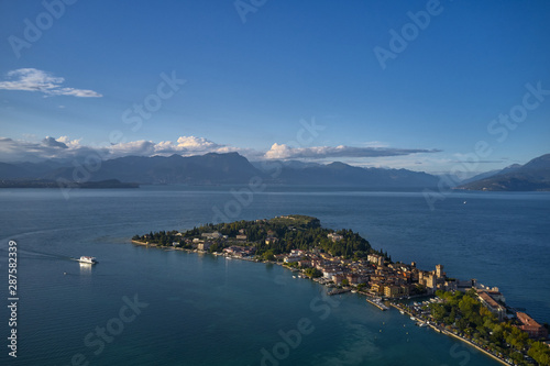 Rocca Scaligera Castle in Sirmione Lake Garda Italy. Aerial view.