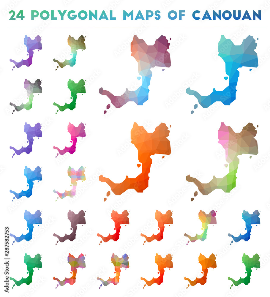 Set of vector polygonal maps of Canouan. Bright gradient map of island in low poly style. Multicolored Canouan map in geometric style for your infographics.