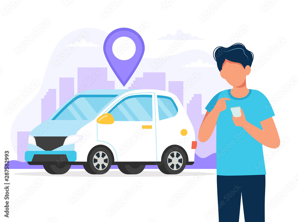 Happy family with car and city background. Concept illustration for buying car or travelling. Vector illustration in flat style Happy family with car and city background. Concept illustration for buying car or travelling. Vector illustration in flat style