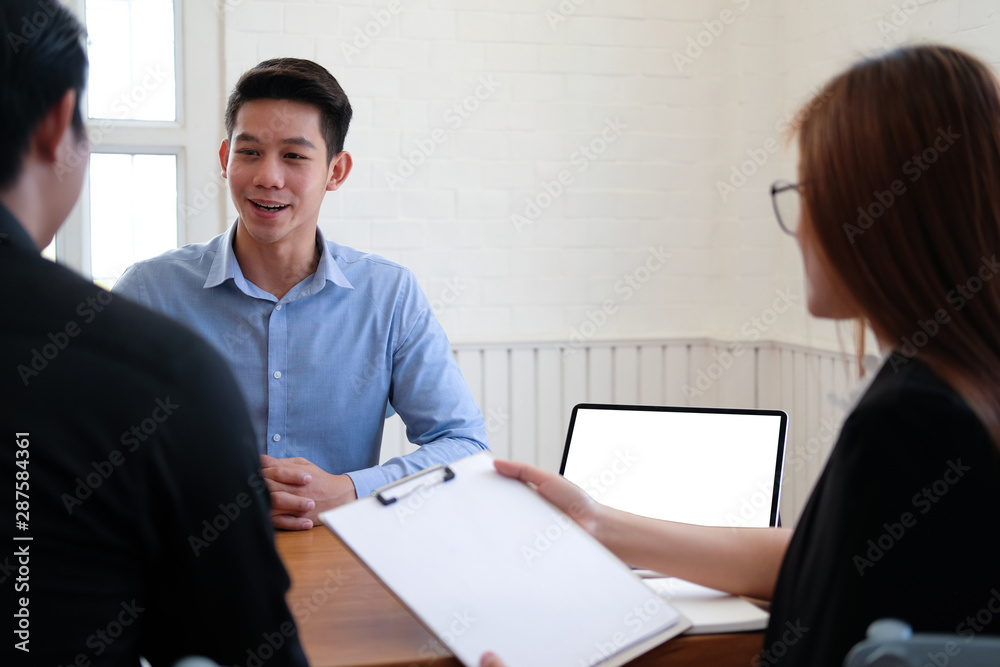 human resource team interviewing candidate for job vacancy. applicant explaining profile for career recruitment human resource team interviewing candidate for job vacancy. applicant explaining profile for career recruitment