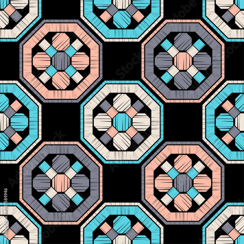 Octagon. Ethnic boho seamless pattern. Lace. Embroidery on fabric. Patchwork texture. Weaving. Traditional ornament. Tribal pattern. Folk motif. Can be used for wallpaper, textile, wrapping, web. 
