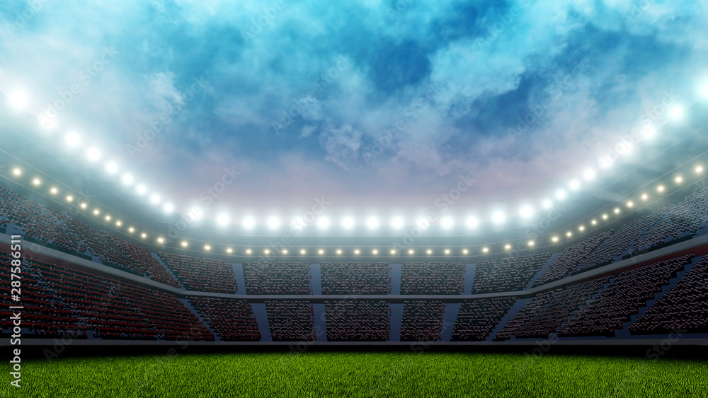 Fototapeta 3D Rendering of soccer sport stadium, green grass during sunset with crowd of audience and bright led spot lights and white clouds