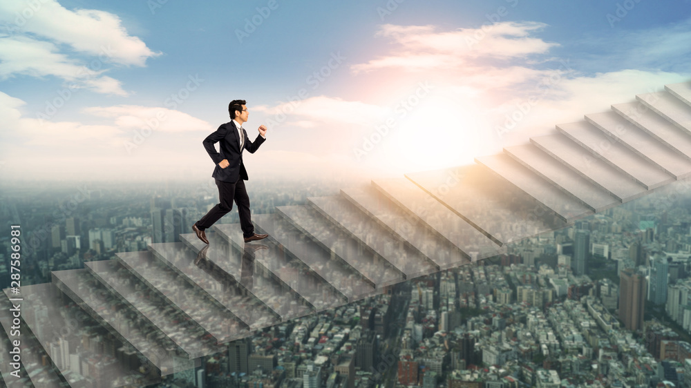 businessman running on stair on sky over city, success and leader concept businessman running on stair on sky over city, success and leader concept