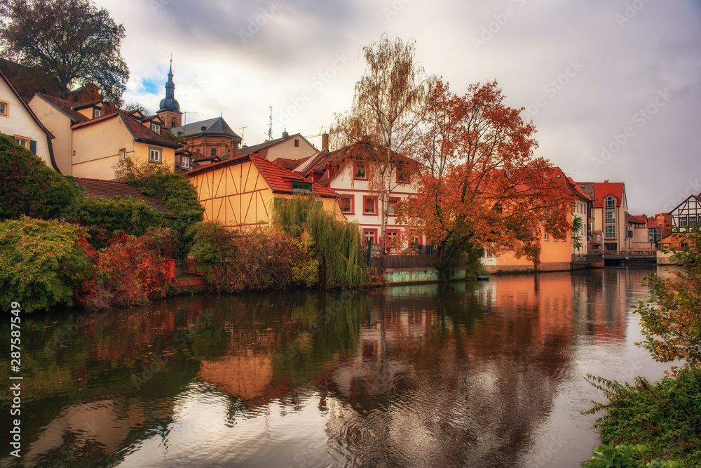 Autumn scenery of Regnitz river in Bamberg, Germany. UNESCO World Heritage Site.