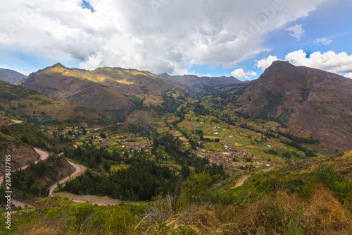 Panoramic landscape in the Sacred Valley of the Incas, Pisac, Peru.
