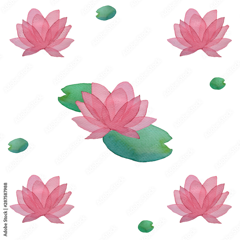 Watercolor seamless pattern with pink layered lotus. For background and wrapping paper