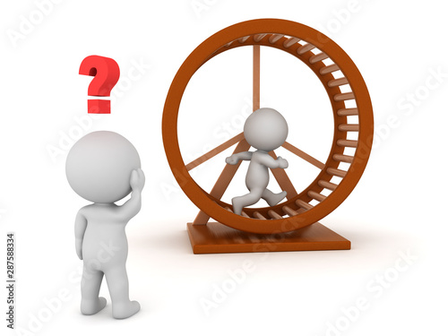 3D Character running on hamster wheel and another looking confused