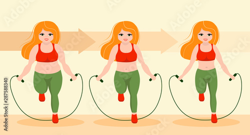 Jumping girl is loosing weight in process. Stages of loosing weight. Great results in sports. Vector illustration for gym posters.Weight loss stages before and after