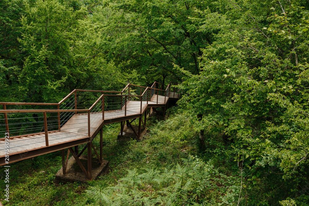 Aerial road in Okace (Okatse) canyon - Georgia. All rocks are covered with bright green foliage. Modern tourist landmark and attraction in Georgia mountains. Aerial road in Okace (Okatse) canyon - Georgia. All rocks are covered with bright green foliage. Modern tourist landmark and attraction in Georgia mountains.
