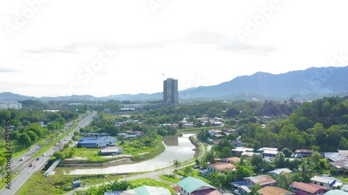 Aerial Drone Footage Of Beautiful Rural Town Of Menggatal Town, Sabah, Malaysia HD photo