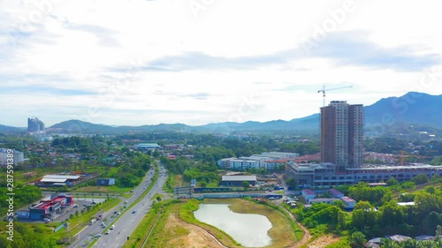 Aerial Drone Footage Of Beautiful Rural Town Of Menggatal Town, Sabah, Malaysia HD photo