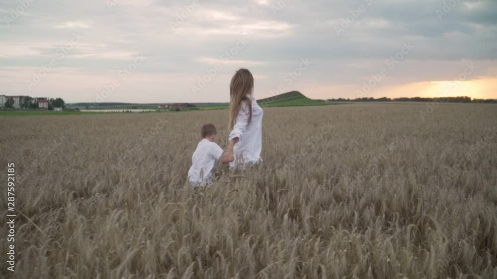 Mother and son run on the Golden wheat field, holding hands. The concept of motherhood, a happy family. Agriculture. Slow motion Mother and son run on the Golden wheat field, holding hands. The concept of motherhood, a happy family. Agriculture. Slow motion