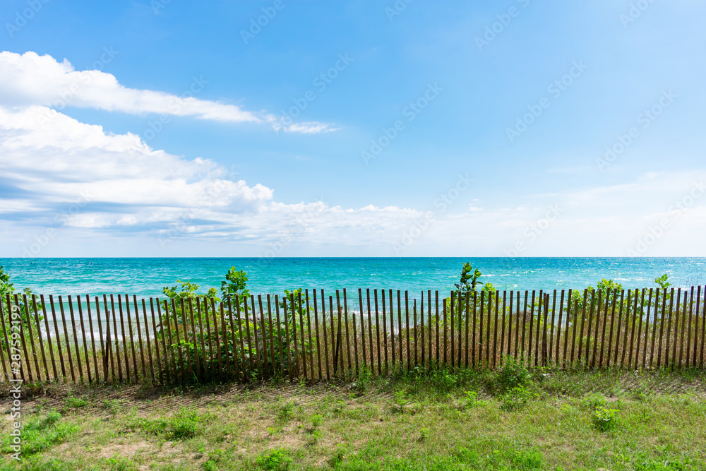 Lake Michigan Shoreline with Fence in Evanston Illinois during the Summer