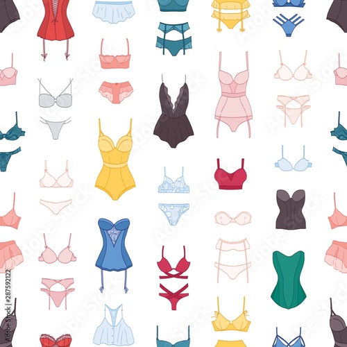 Woman lingerie vector seamless pattern. Erotic female bras and panties on white background. Various colorful underwear, stylish night clothes for girls wrapping paper, wallpaper textile design.