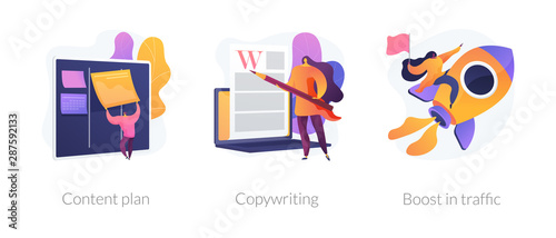 Internet website promotion, SEO strategy icons set. Audience increase, business solutions. Content plan, copywriting, boost in traffic metaphors. Vector isolated concept metaphor illustrations photo