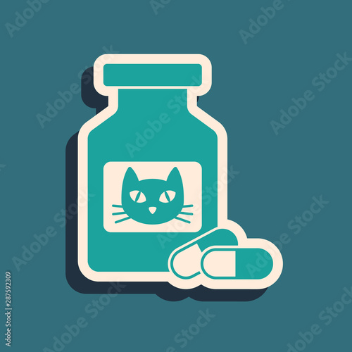 Green Cat medicine bottle and pills icon isolated on blue background. Container with pills. Prescription medicine for animal. Long shadow style. Vector Illustration