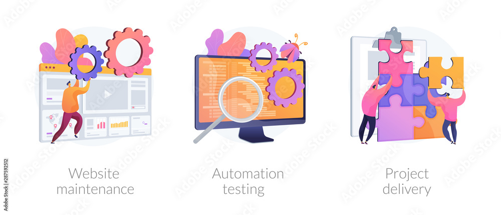 Internet site administration, support service. Bug fixing, teamwork management. Website maintenance, automation testing, project delivery metaphors. Vector isolated concept metaphor illustrations - obrazy, fototapety, plakaty 