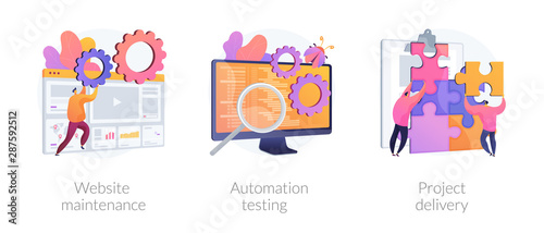 Internet site administration, support service. Bug fixing, teamwork management. Website maintenance, automation testing, project delivery metaphors. Vector isolated concept metaphor illustrations