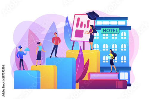 Hostel employee, chef, maid, and bell boy education. Hospitality courses, hospitality staff training, hotels industry training program concept. Bright vibrant violet vector isolated illustration