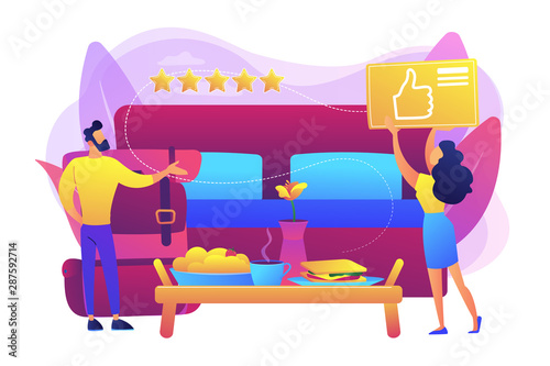 Luxurious service, satisfied customer feedback, positive review. Bed and breakfast, overnight home accommodation, bed and breakfast hotel concept. Bright vibrant violet vector isolated illustration