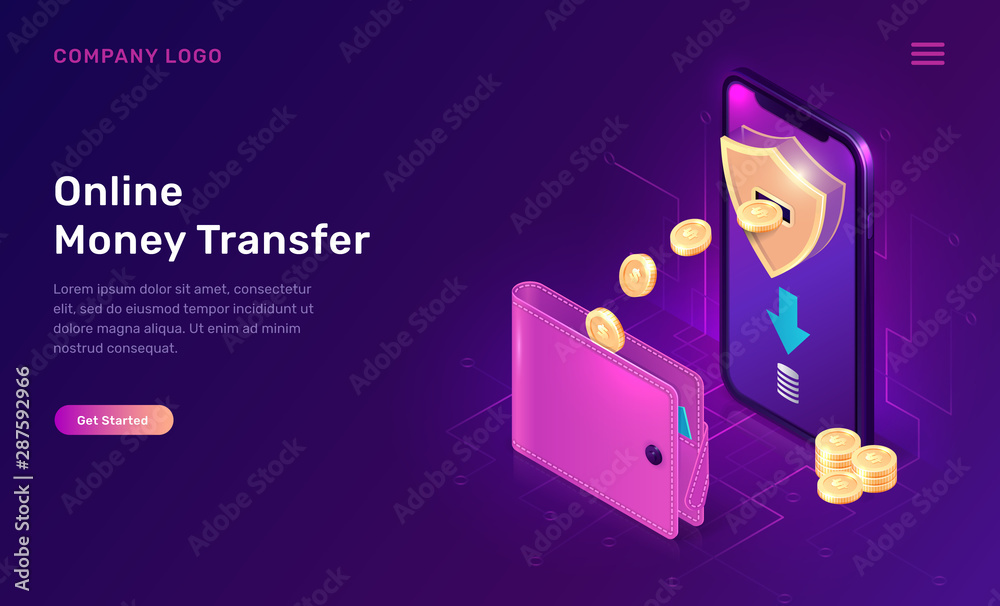 Online money transfer or cash back isometric concept vector illustration. Mobile phone with shield and gold coins flying out of its screen into wallet, ultraviolet web banner, landing web page