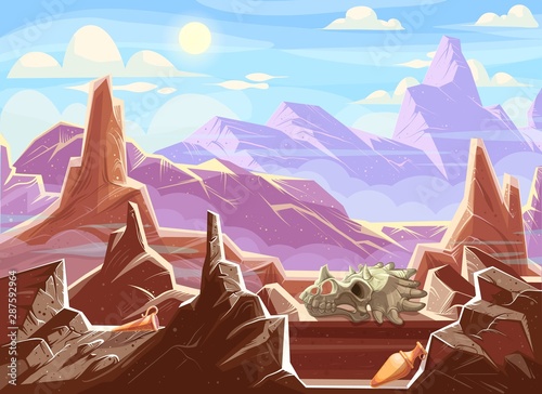 Mountain landscape with archaeological fossils, cartoon vector illustration. Red-brown mountains under blue sky, among fragments of rocks ancient artifacts, ceramic pitchers and dinosaur skull